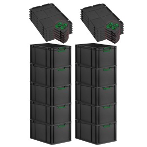 PROREGAL SparSet: 10 schwarze Euroboxen mit grünen Griffen und Auflagedeckel, 65 Liter.