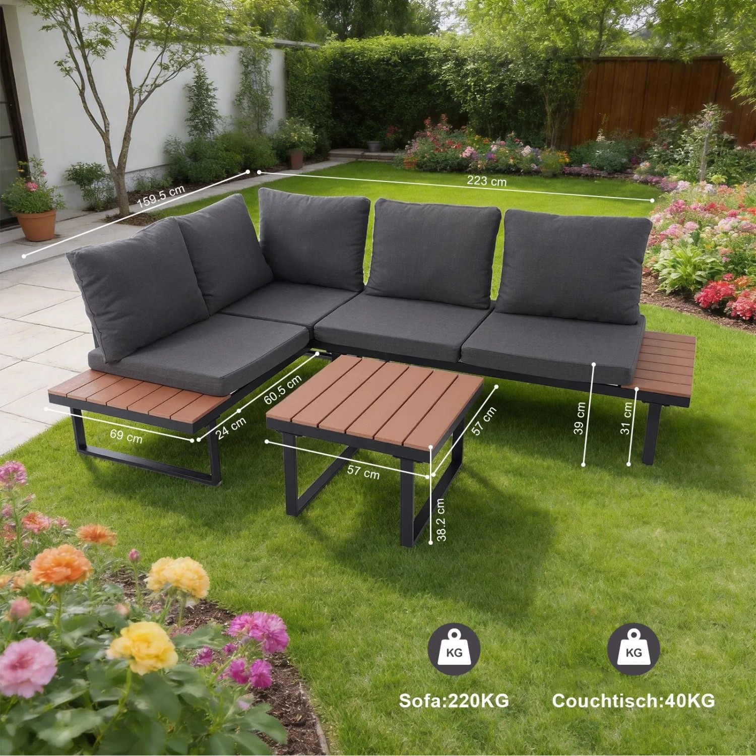 HOMAVO Gartenlounge-Set für 4 Personen mit Couchtisch und wasserfesten Abdeckungen.