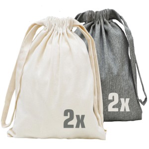 DuneDesign 4er Set Stoffbeutel Nordic, beige und grau, für Weihnachtsgeschenke.