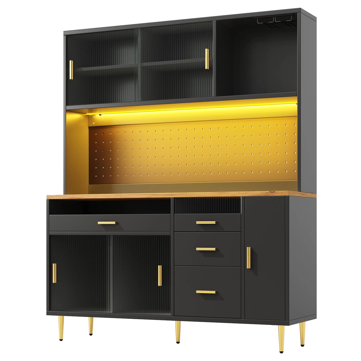 okwish Hochschrank mit LED Licht Lochwandregal Wohnzimmer 145x39x171cm Schwarz