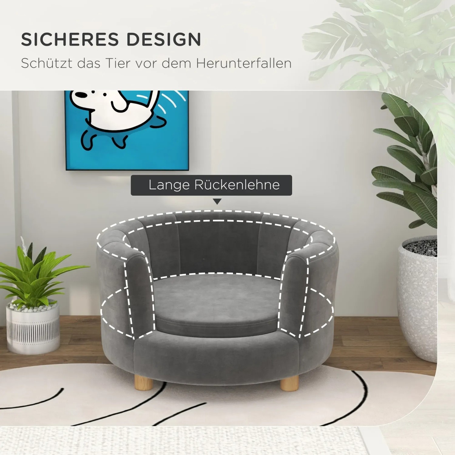 Graues PawHut Hundesofa aus Polyester mit Schaumstoff, gemütliche Hundecouch mit Rückenlehne.