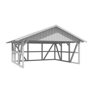 Weißer Skan Holz Carport Schwarzwald mit Dachschalung und Rückwand, Fachwerkbauweise.