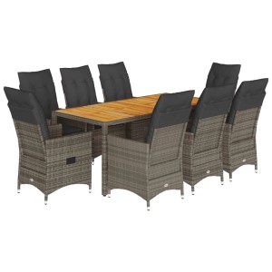 9-teilige Garten Essgruppe aus grauem Poly Rattan mit Tisch aus Akazienholz und Sesseln mit Kissen.
