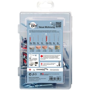 Fischer EasyDIY Box Neue Wohnung (76 Teile): Dübel, Schrauben und Haken für den Innenbereich in transparenter Kunststoffbox.