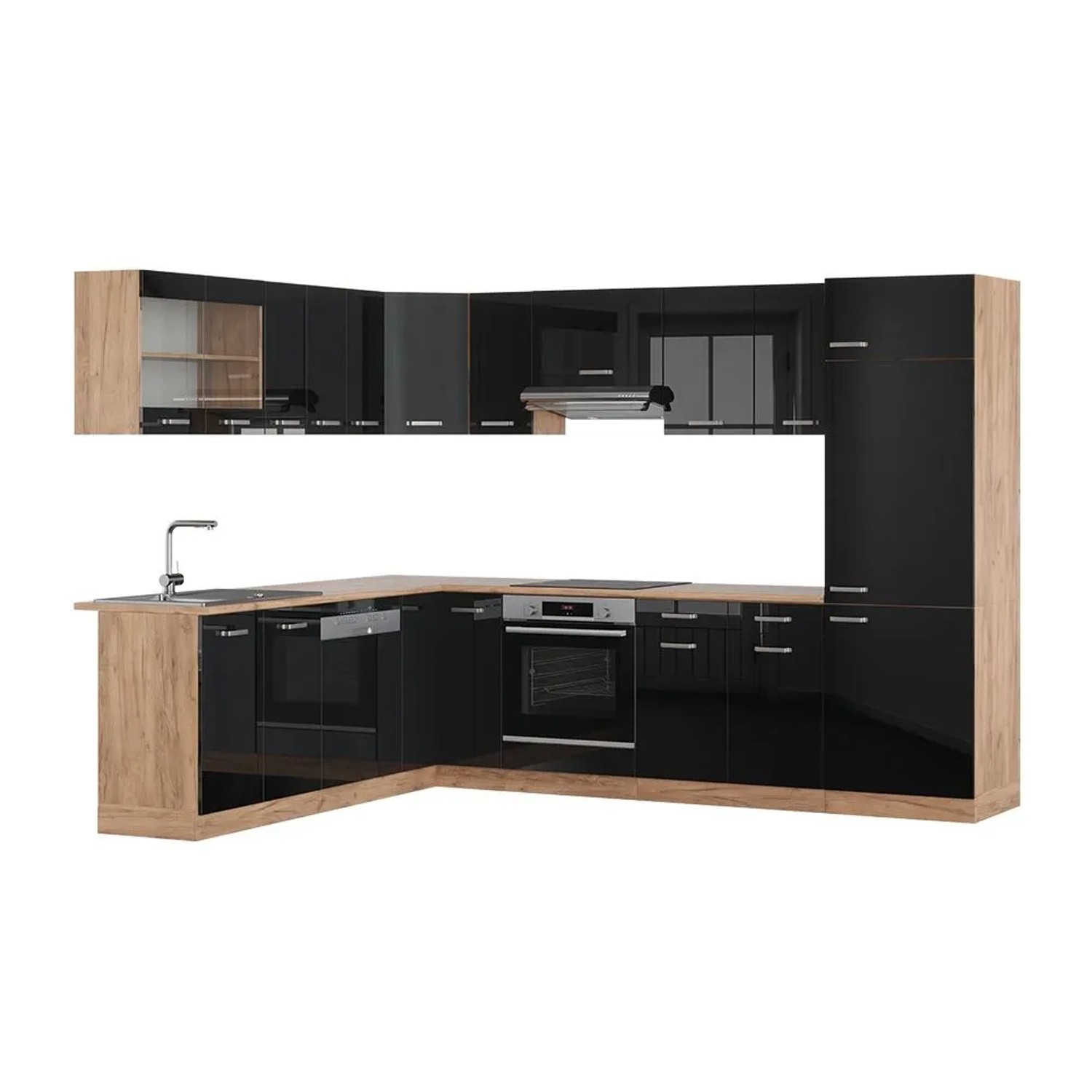 Vicco Eckküche R-Line Schwarz Hochglanz/Goldkraft Eiche 287 x 82, AP Eiche