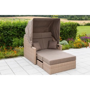 Gartenbank Rimini Natur mit Hülle, verstellbare Lounge-Gartenmöbel aus Polyrattan mit Dach und Kissen.