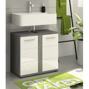 Inn.Furn Waschbeckenunterschrank Weiß Hochglanz Grau 60 cm 2-türig Bailey