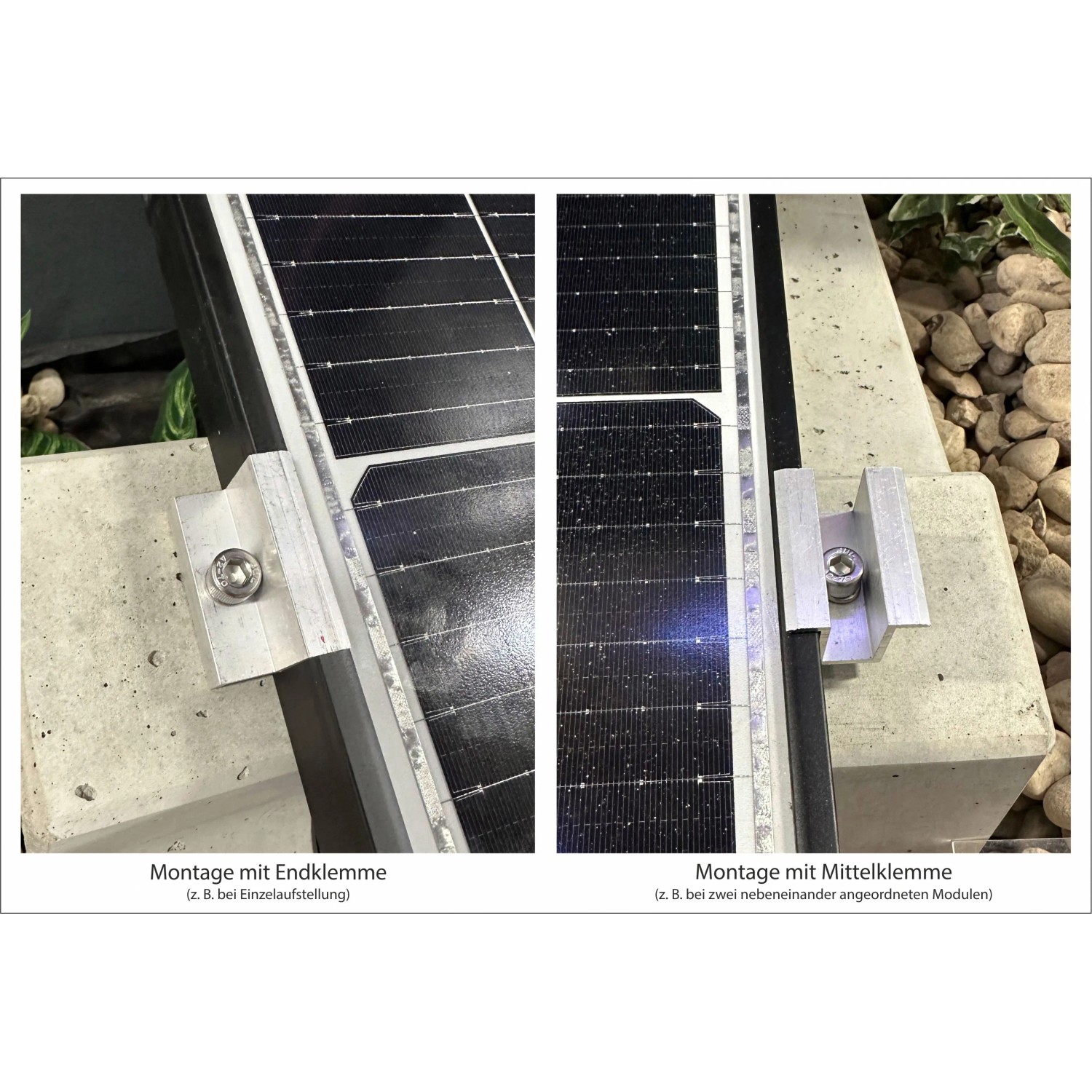 Grauer Solarmodulhalter aus Beton mit End- und Mittelklemme zur Montage von Solaranlagen.