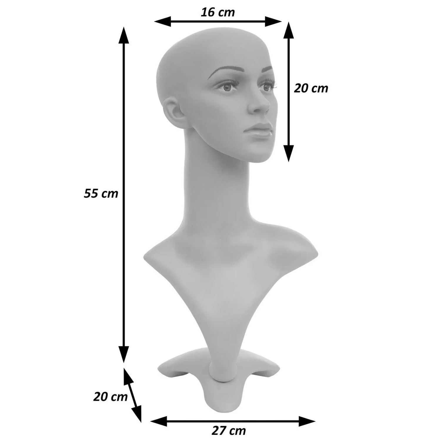 Grauer MCW Mannequin-Kopf G70, 55cm hoch, mit drehbarem Kopf und stabilem Standfuß. Ideal für Perückenpräsentation.