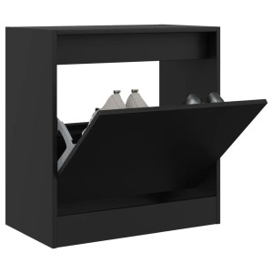 Schwarzer vidaXL Schuhschrank aus Holzwerkstoff mit offener Klappe und Schuhen.