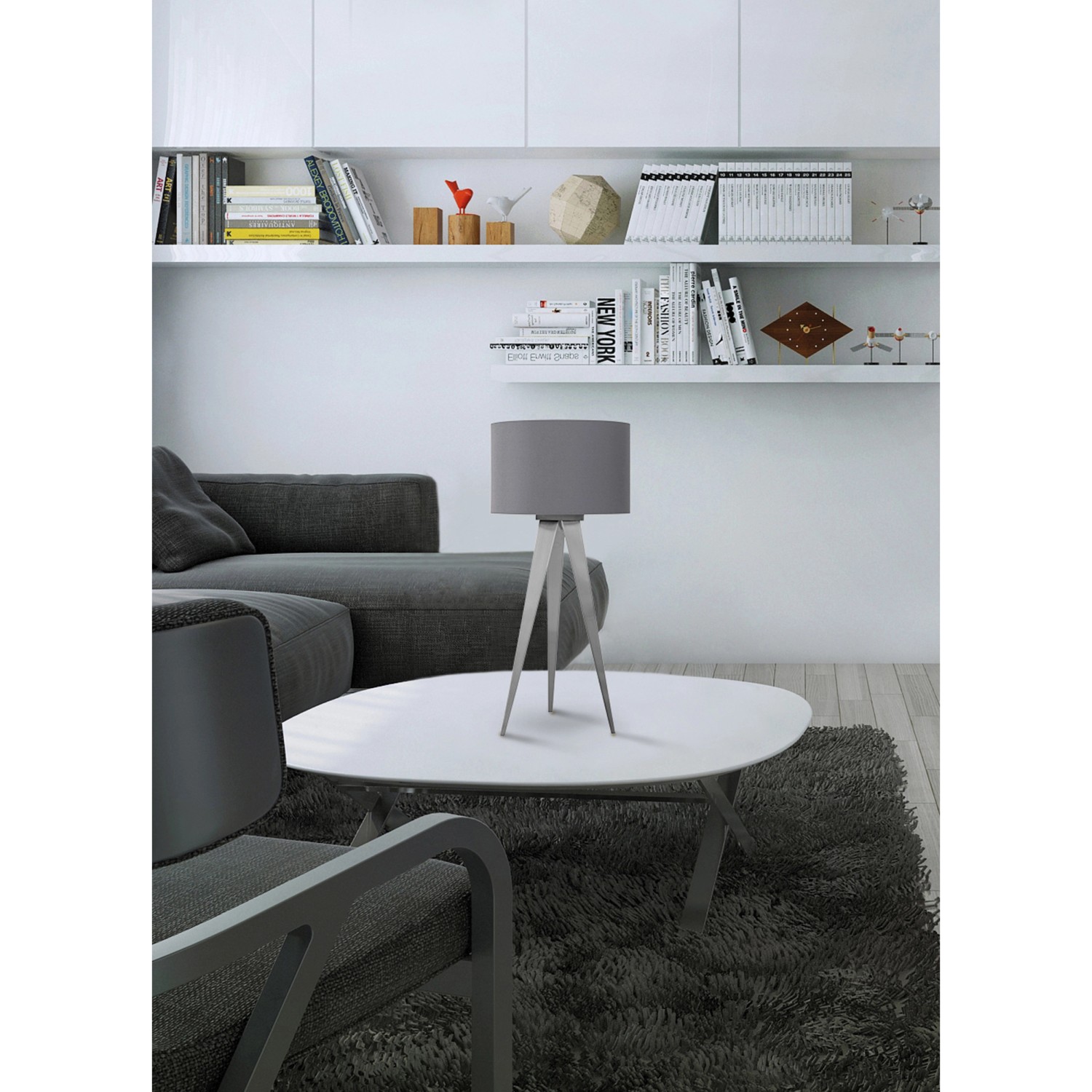 Graue Näve Tischleuchte im Tripod Design, 61,5 cm hoch, für Wohn- und Schlafzimmer.