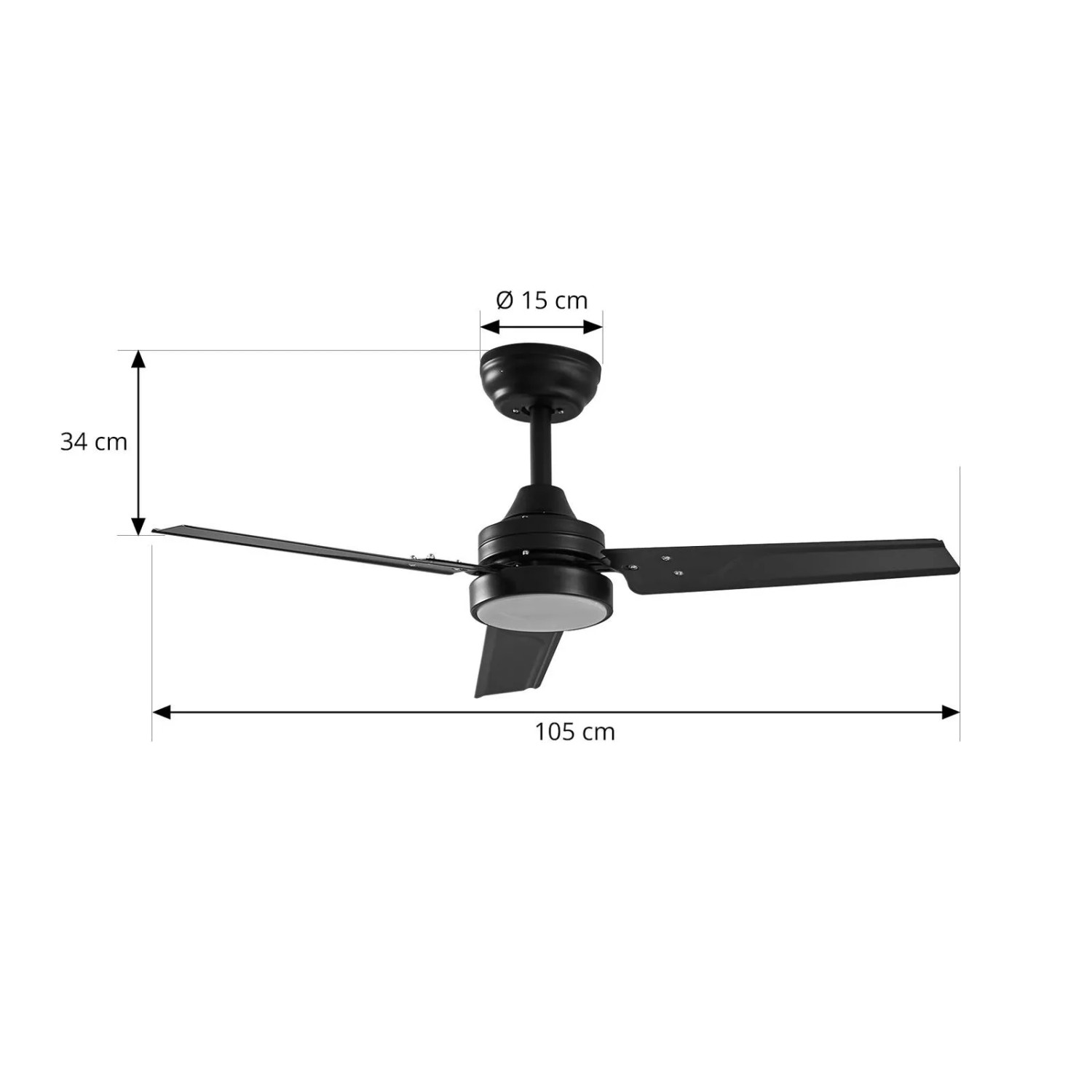 Schwarzer Lindby LED Deckenventilator Aerallo mit Lampe und drei Flügeln, Maße eingeblendet.
