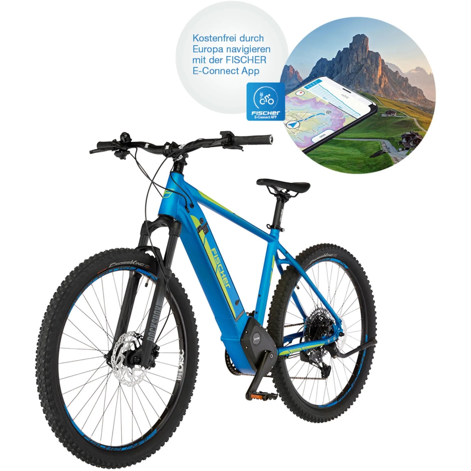 Blaues Fischer E-Bike Montis 6.0i mit Diamantrahmen und App-Navigation.