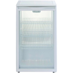 Weißer PKM Glastür-Kühlschrank GKS102 mit drei Drahtablagen.