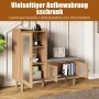 Schuhschrank in Holzoptik mit gepolsterter Sitzbank, geriffelten Glastüren und offenen Fächern für den Flur.