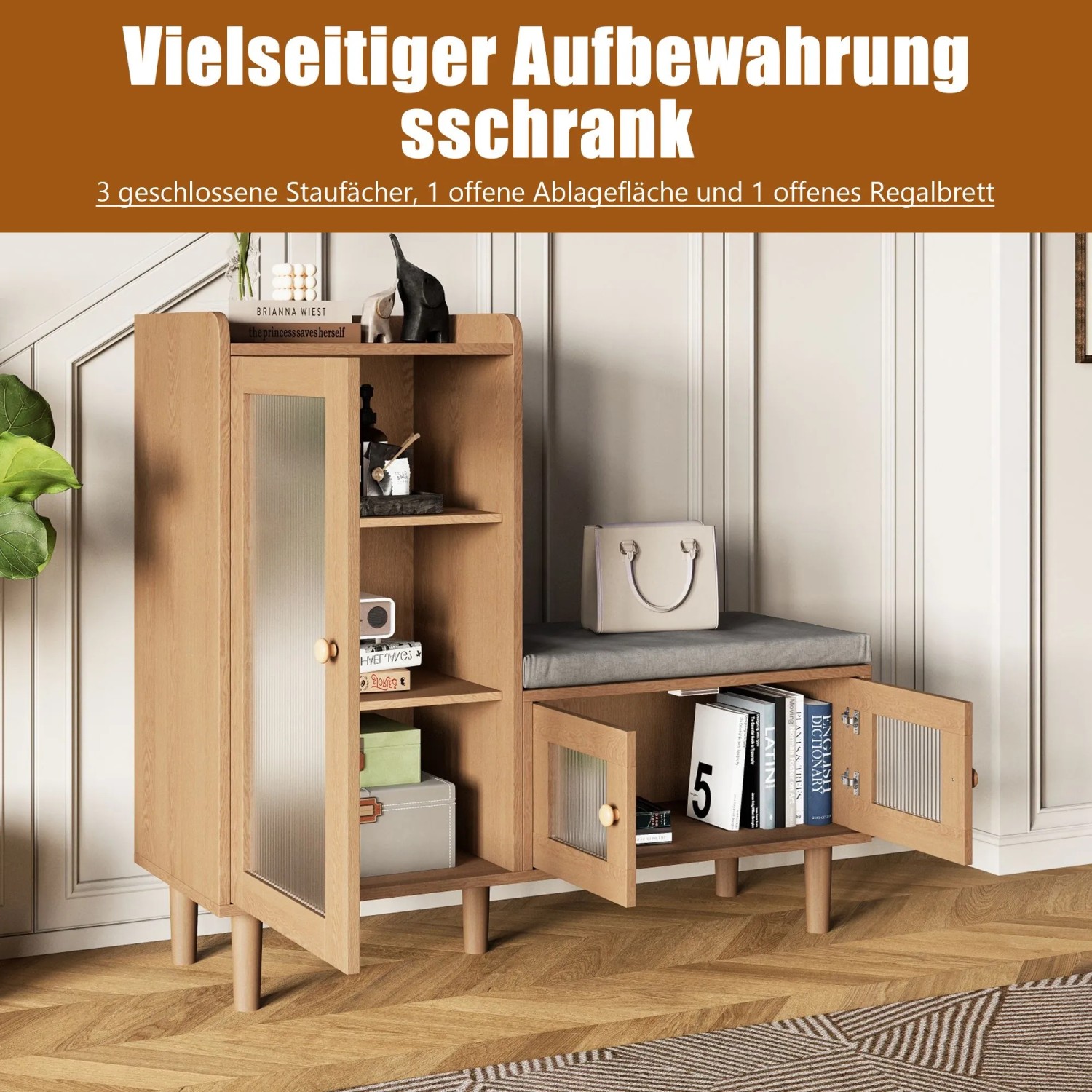 Schuhschrank in Holzoptik mit gepolsterter Sitzbank, geriffelten Glastüren und offenen Fächern für den Flur.