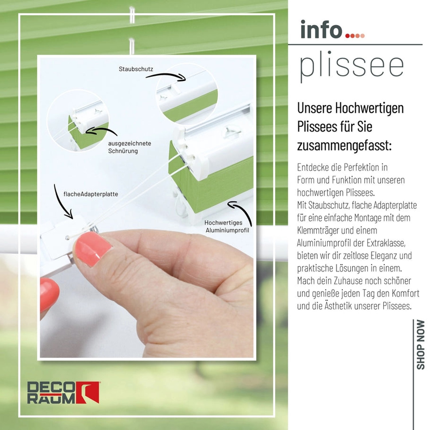 Grünes Deco-Raum Plissee Basic 65x150cm ohne Bohren, blickdicht mit Klemmfix-Montage.