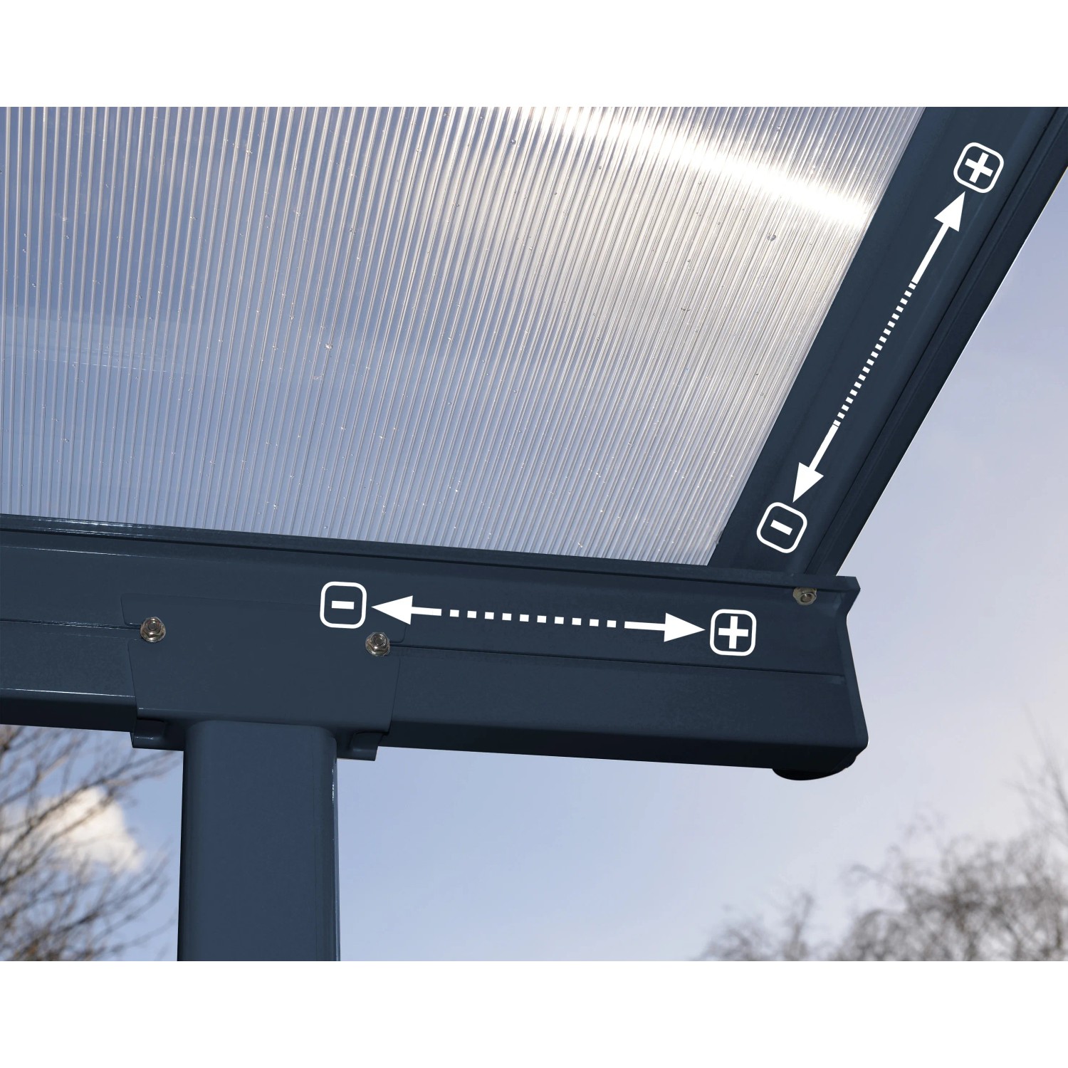 Detailansicht Palram Sierra Terrassendach, graue Aluminiumkonstruktion mit Doppelstegplatten.