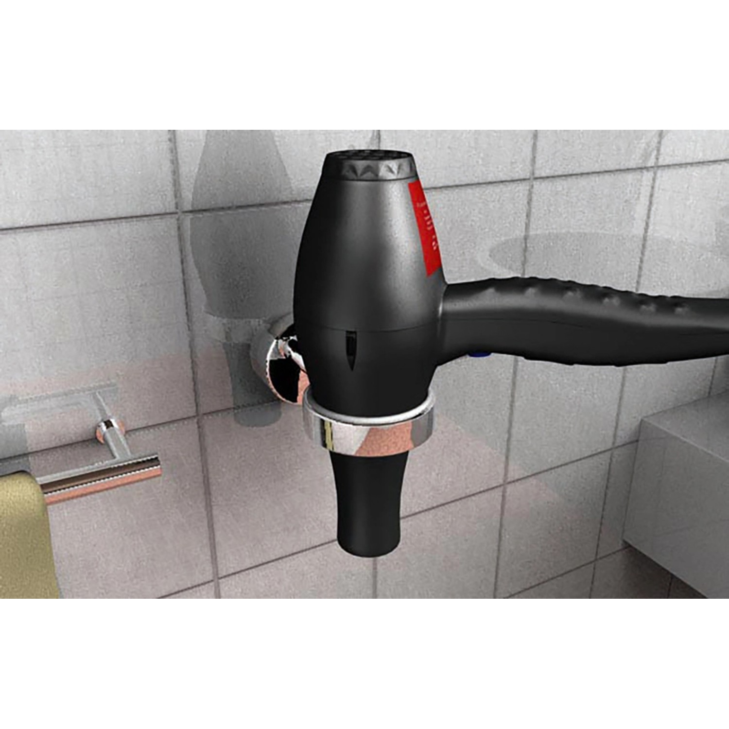 Fischer Bad Kleber: Schwarzer Föhn an Fliesenwand befestigt, Montage ohne Bohren.