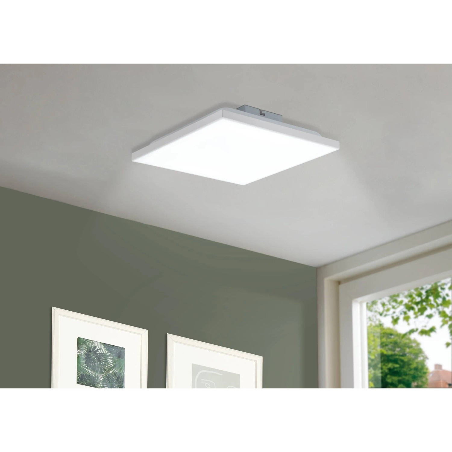 Quadratische, weiße LED-Deckenleuchte Calemar von Eglo, 28,7 cm, im Wohnraum.