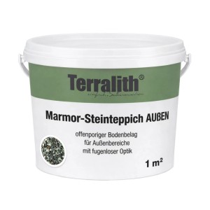 Terralith Marmor Steinteppich Jade für 1 m² Außen. Eimer mit grün-weißem Naturstein-Kies für fugenlosen Bodenbelag.