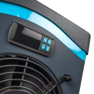 Graue Gre Miniwärmepumpe für Pools bis 20 m³ mit digitalem Display und Lüfter.