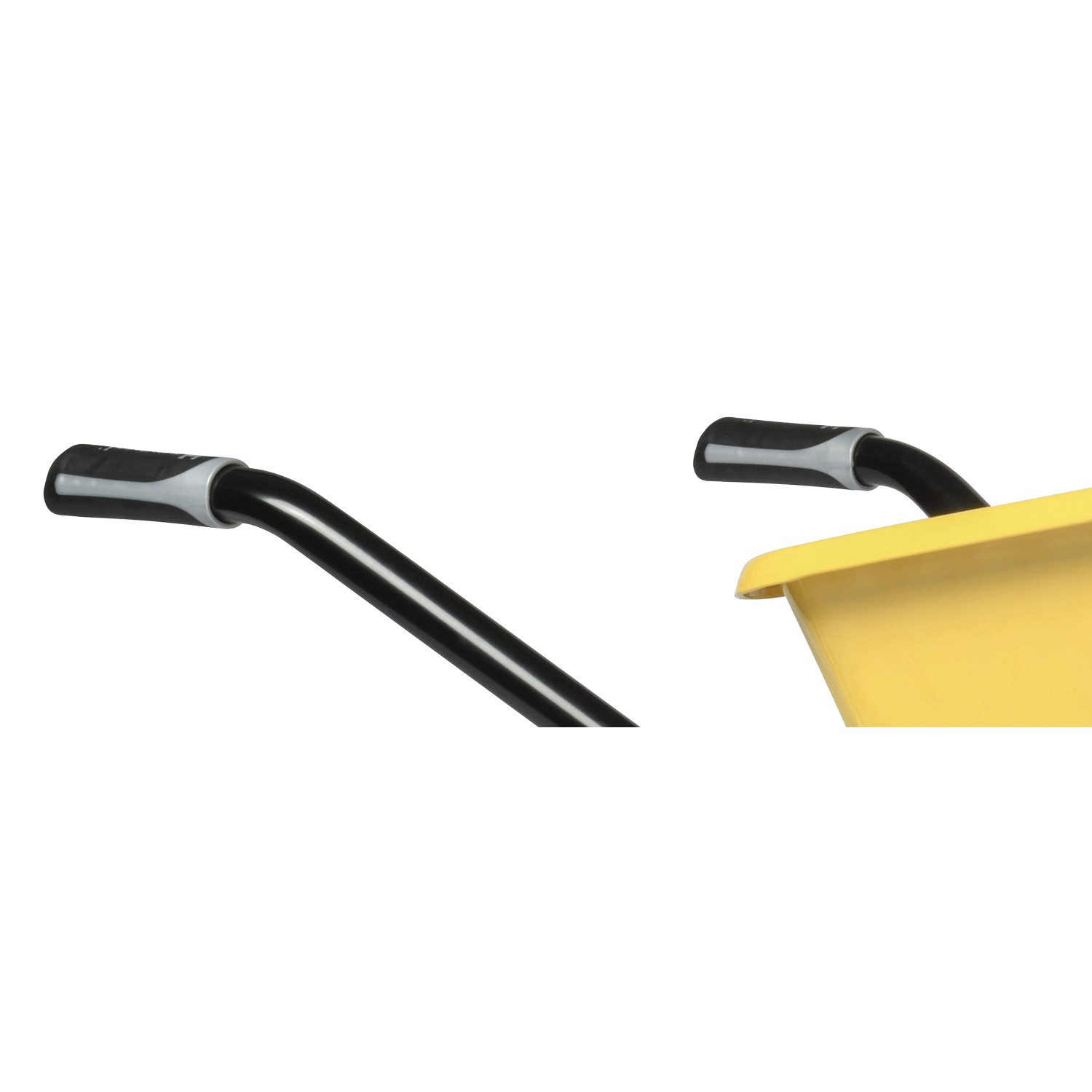 Detailaufnahme: Griffe und gelbe Kunststoffmulde der Haemmerlin Schubkarre Pick Up 110 l.