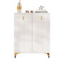 Weißes Sideboard/Schuhschrank mit strukturierter Front, zwei Schubladen, zwei Türen und goldenen Akzenten.