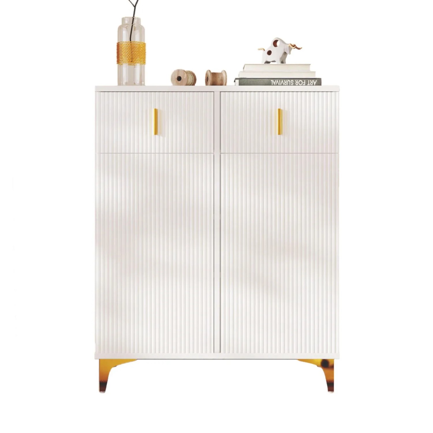 Weißes Sideboard/Schuhschrank mit strukturierter Front, zwei Schubladen, zwei Türen und goldenen Akzenten.