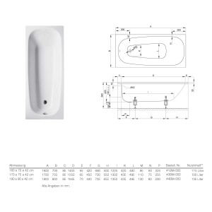 Bette Badewanne Steel, 170x75 cm, Weiß, mit technischer Zeichnung.