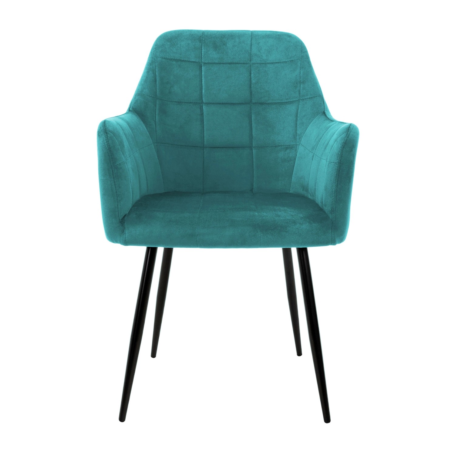 Türkiser Esszimmerstuhl mit Armlehnen, Samtbezug und schwarzen Beinen.