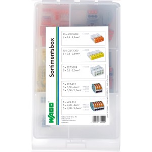 Sortimentsbox mit 45 Verbindungsklemmen in verschiedenen Ausführungen und Größen.