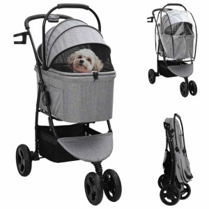 Grauer faltbarer Haustierwagen aus Polyester mit Hund. Zeigt Regenschutz und zusammengeklappten Zustand.
