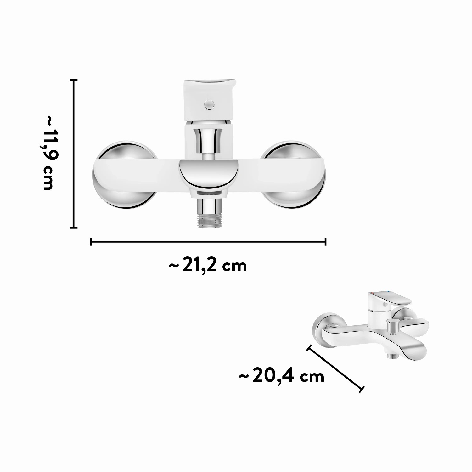 baliv Wannenarmatur WA-5070 in Weiß-Chrom mit Maßangaben für Badewanne.