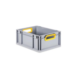 Graue PROREGAL Eurobox mit gelben Griffen, Scharnierdeckel und Schiebeschnappverschlüssen. Ideal zur Aufbewahrung.
