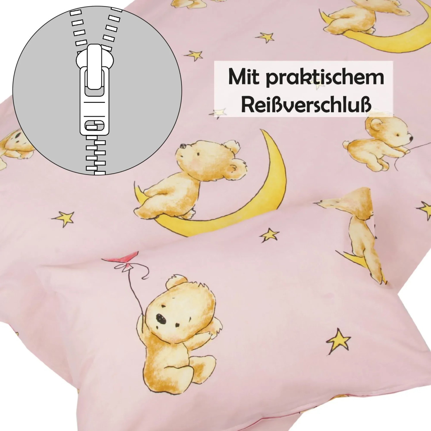 Bestlivings Kinderbettwäsche Bärchen Rosa (100x135 & 40x60 cm) mit Reißverschluss.