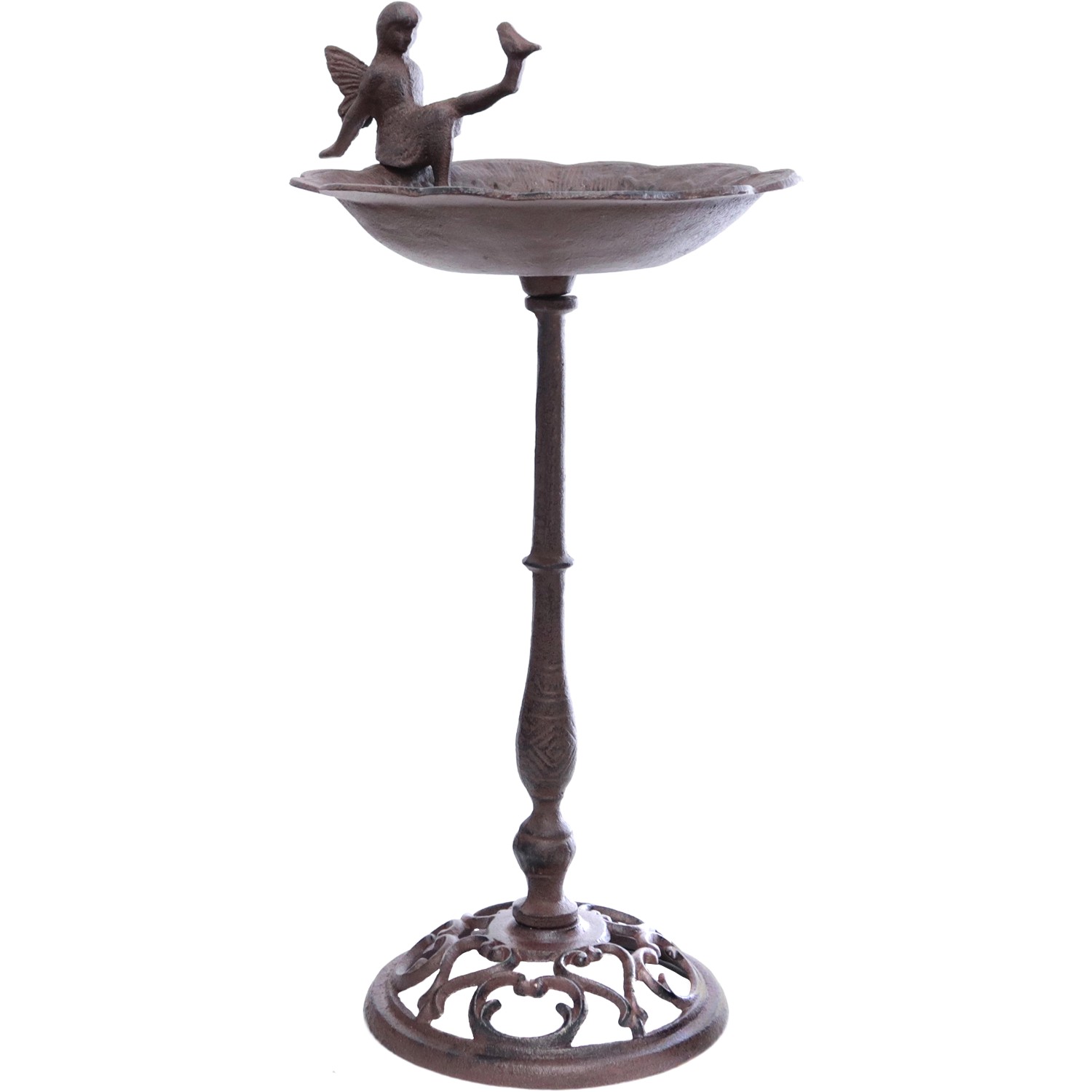 Vogeltränke mit Elfenfigur und Standfuß aus Gusseisen in Braun 51 cm