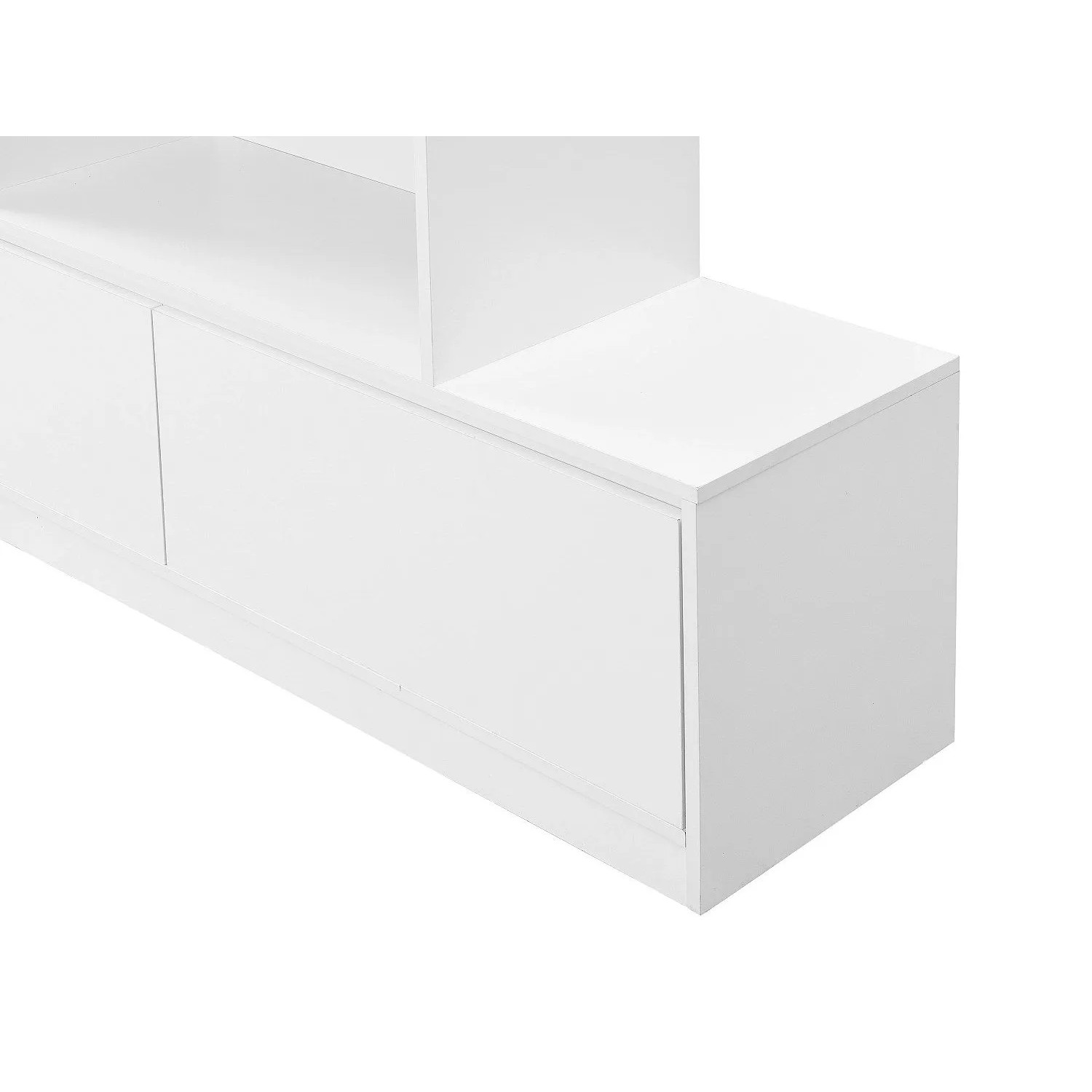 Detailansicht des weißen Vente-unique Lovila Schuhschranks aus MDF mit Tür, offenem Fach und modernem Stufendesign.