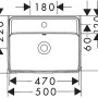 Technische Zeichnung Hansgrohe Xanuia Q Handwaschbecken, 50x39 cm, weiße Keramik, Maße und Details.