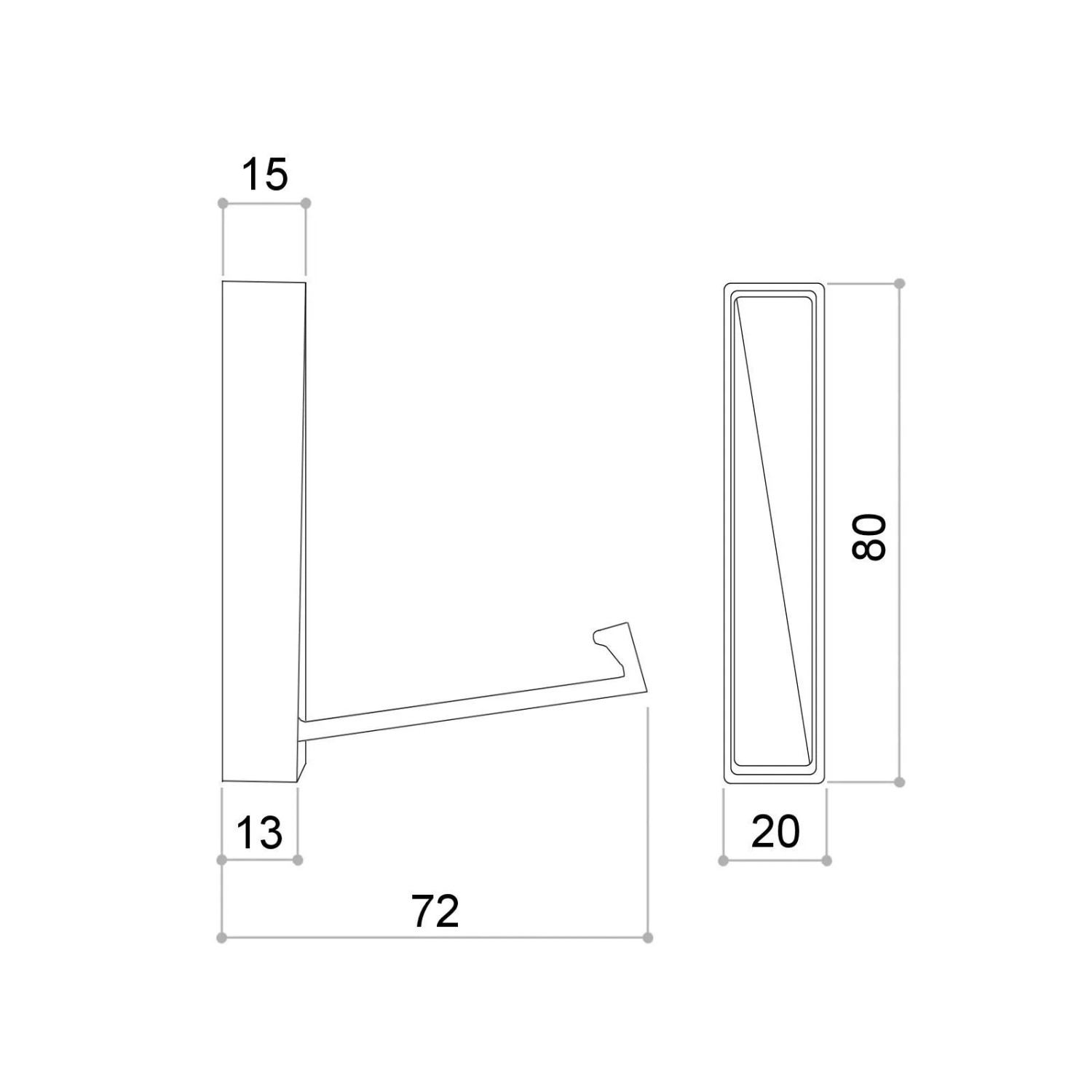 Technische Zeichnung SOTECH Aufbau Klapphaken BARI. Garderobenhaken mit Maßen: 80x20x15mm, 72mm Tiefe ausgeklappt.