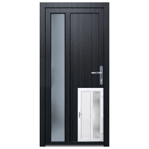 Panto Nebeneingangstür K511, rechts, weiß/anthrazit, mit Glasausschnitt und optionaler Katzenklappe.