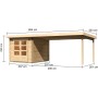 Karibu Holz-Gartenhaus Ängelholm mit Pultdach, unbehandelt, mit Maßangaben.