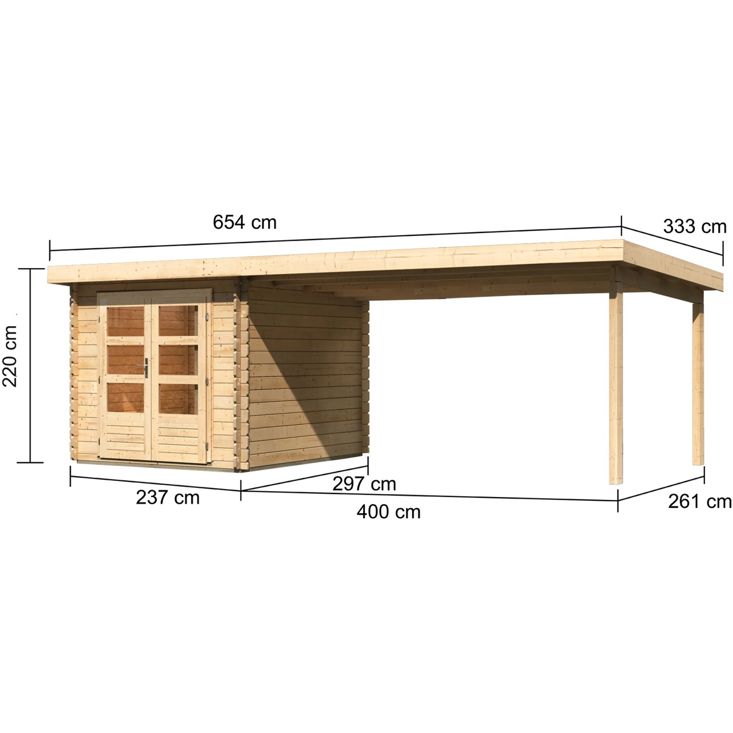 Karibu Holz-Gartenhaus Ängelholm mit Pultdach, unbehandelt, mit Maßangaben.