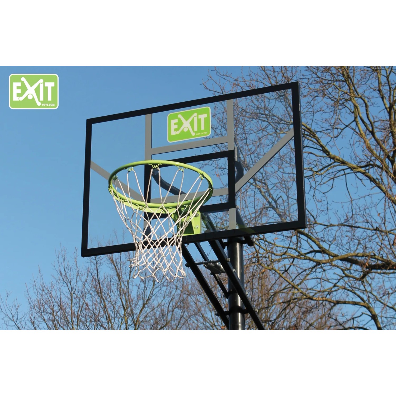 EXIT Galaxy Basketballkorb in Grün/Schwarz zur Bodenmontage mit Netz und höhenverstellbarem Korb.