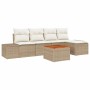 Beige vidaXL Gartenmöbel: 6-teiliges Sofa-Set aus Rattan mit Tisch und weißen Kissen.