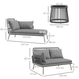 Hellgraues Outsunny Gartenmöbel-Set mit Sofa, Liege und Tisch, Maße eingezeichnet.