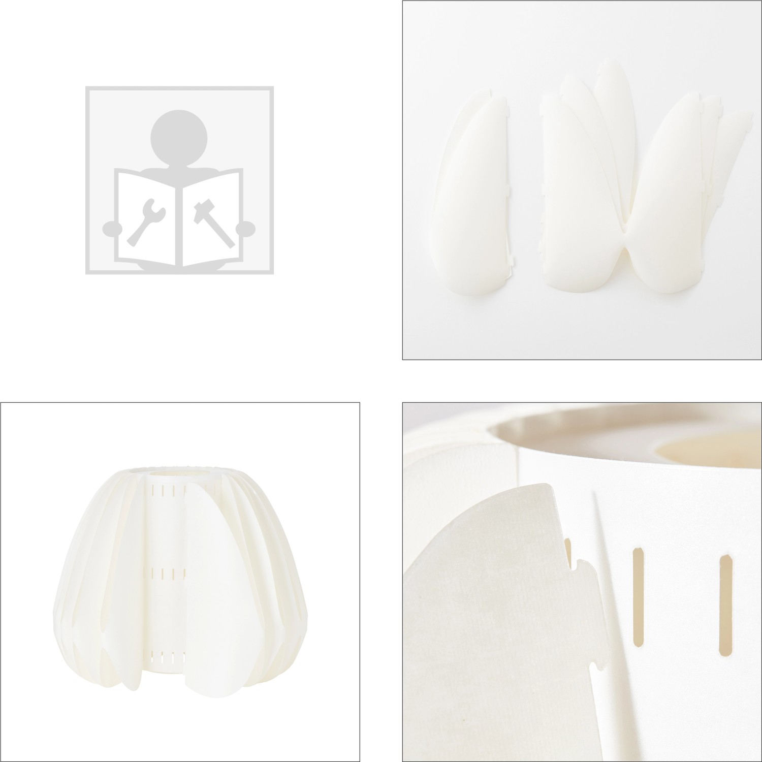 Einzelteile der dreibeinigen Standleuchte Inna von Brilliant in Holz hell und Weiß.