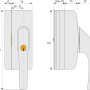 Abus Fenstergriff-Schloss FO400A, weiße Ausführung mit Maßangaben für Montage und Einbau.