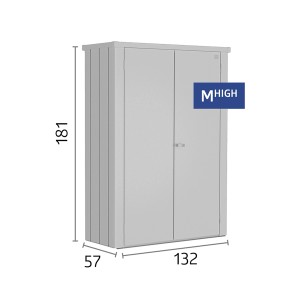 Biohort Terrassenschrank Romeo, 181x132x57 cm, silber-metallic. Gartenschrank mit zwei Türen und Maßangaben.