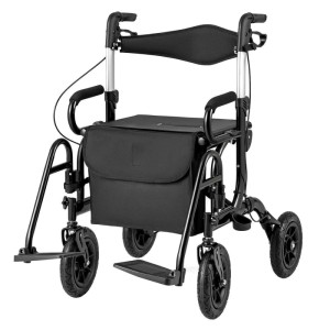 Schwarzer Costway Rollator mit Luftbereifung, umbaubar zum Rollstuhl, bis 140 kg belastbar.